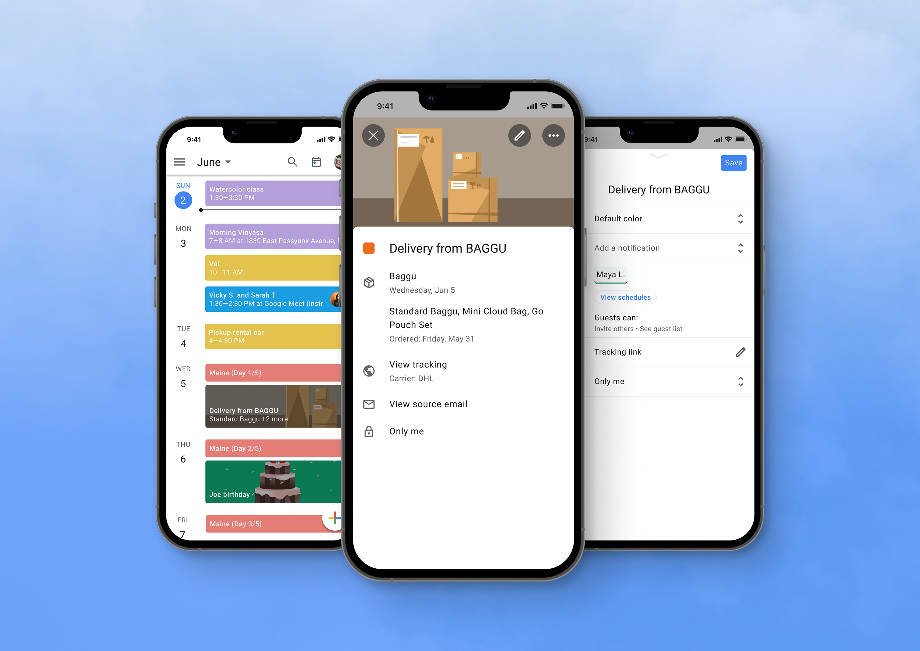 Three phones displaying a new google calendar feature.