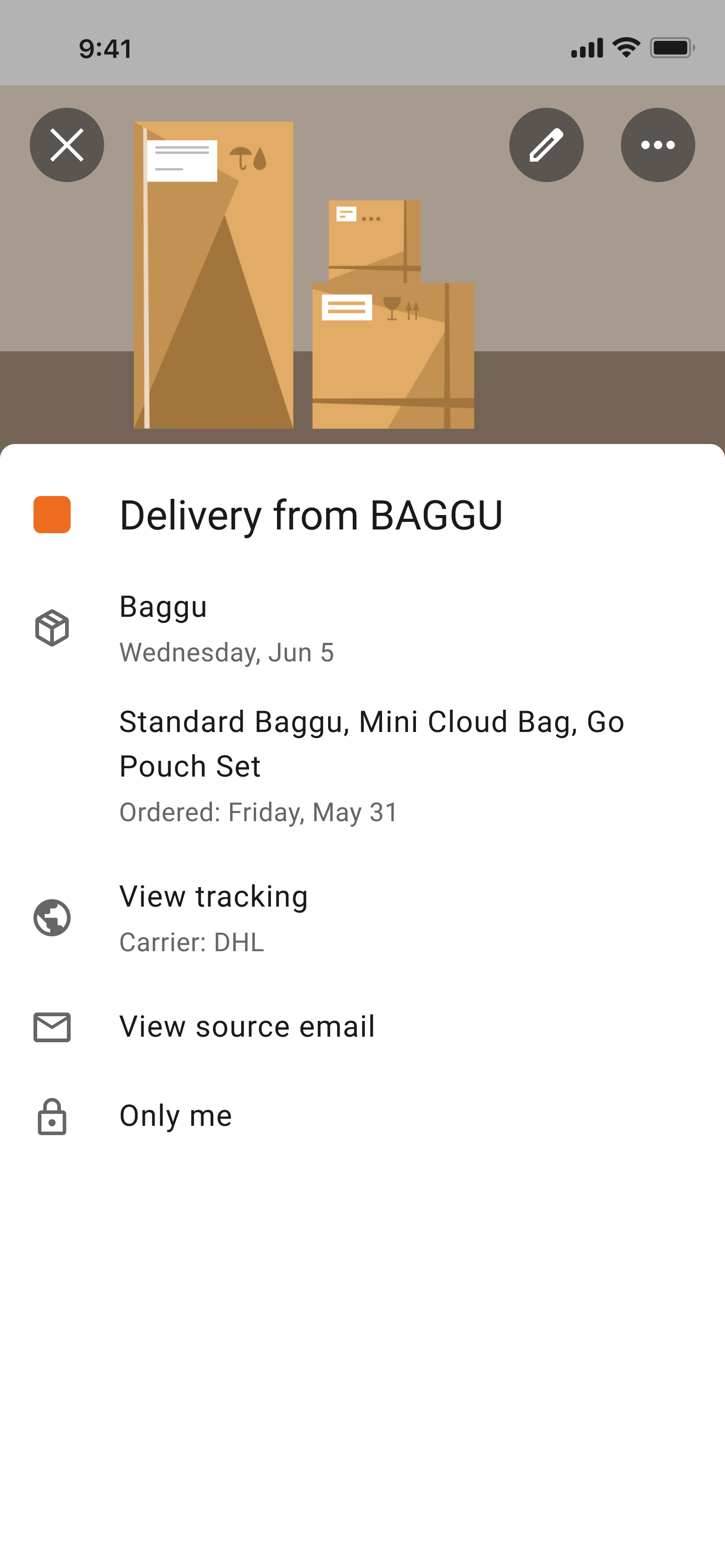 A calendar event with a new delivery hero depicting some packages.
