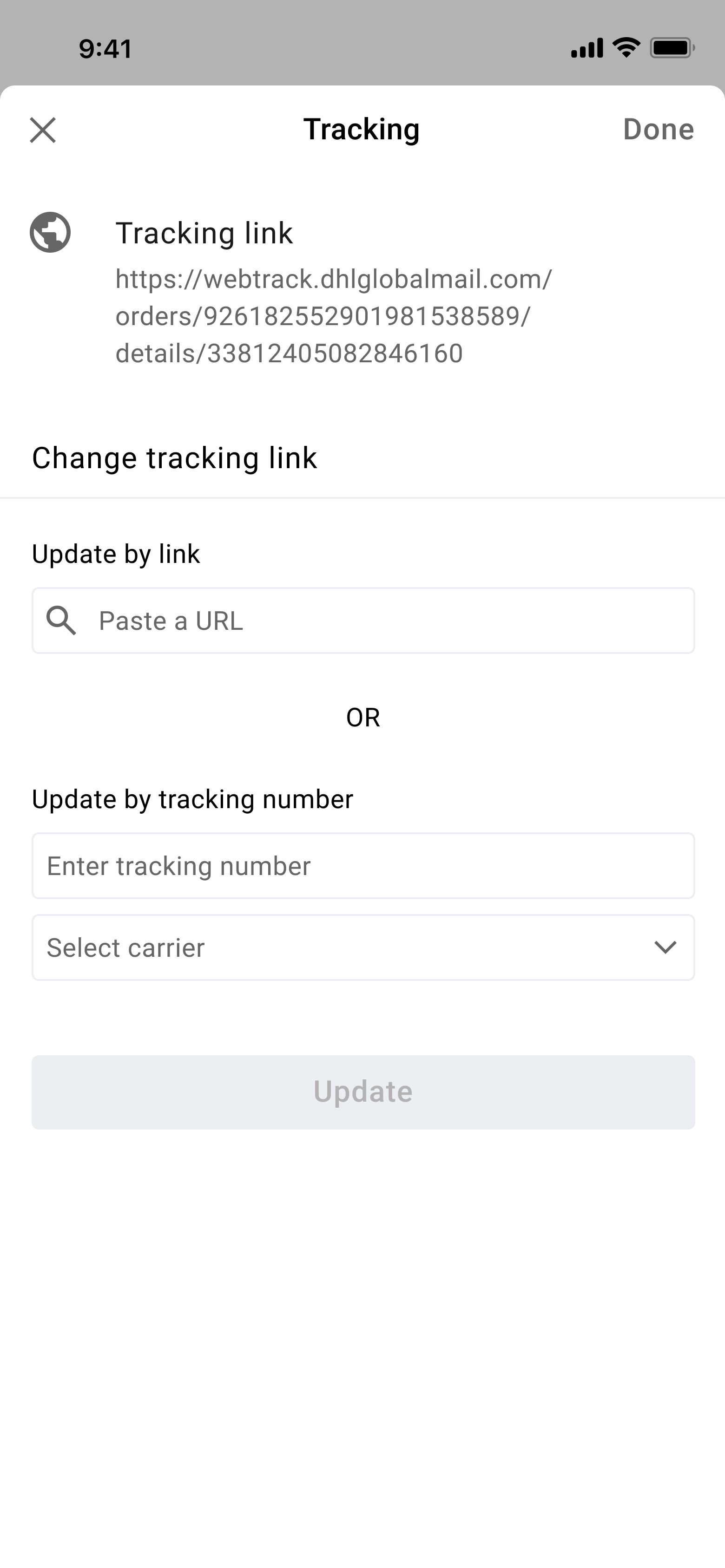A mid-fidelity design of a user interface to edit tracking information.