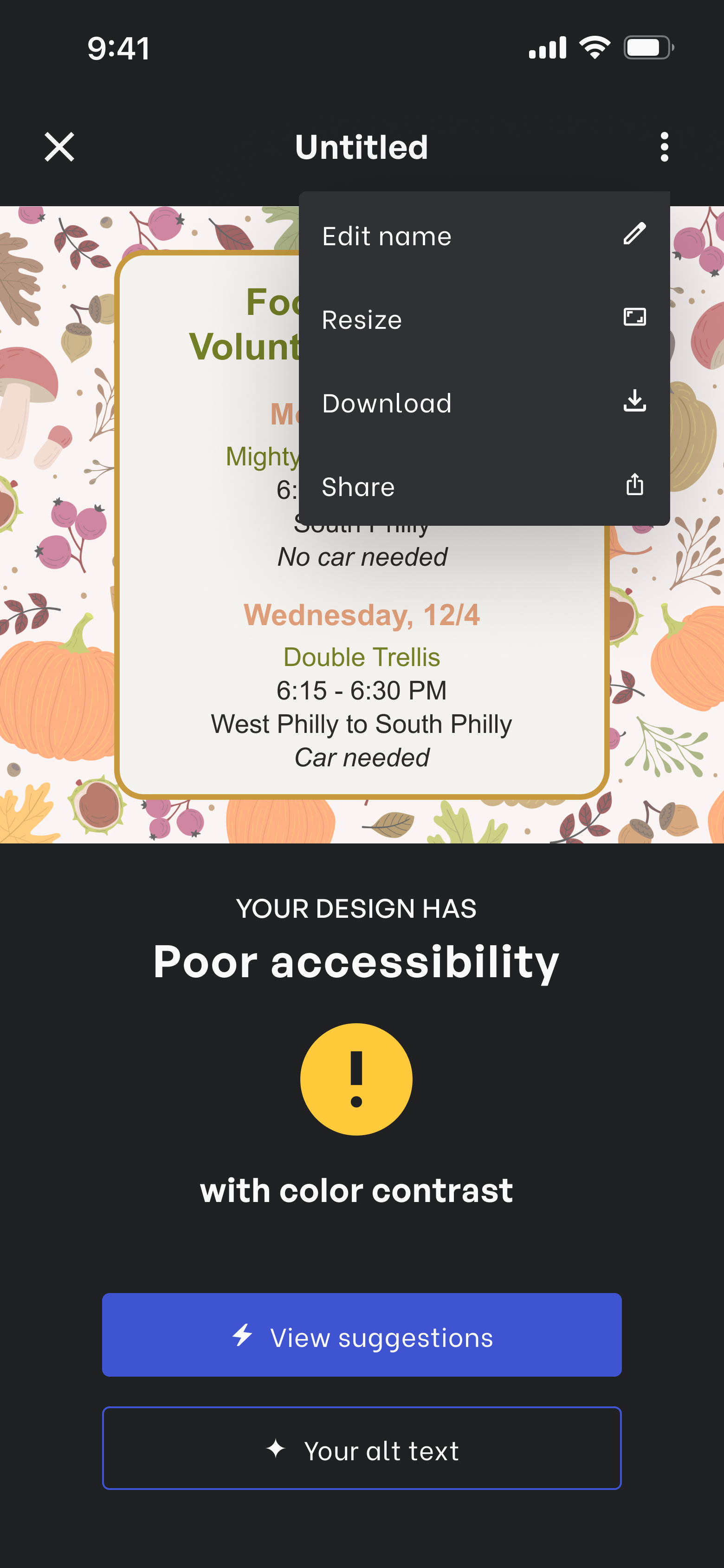 A later iteration of the design checker screen with a dropdown menu.