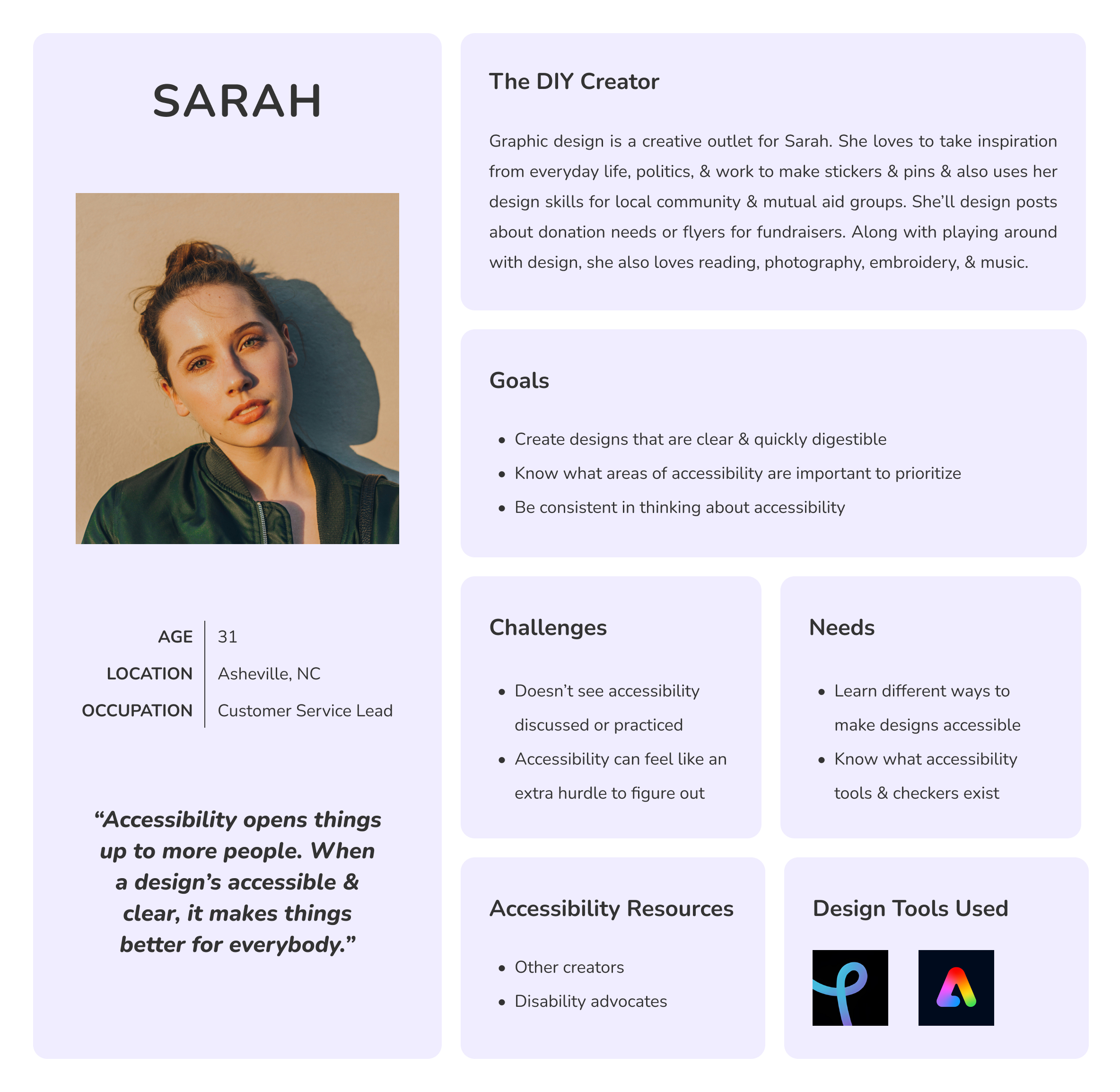 A persona card for a hypothetical user name Sarah.