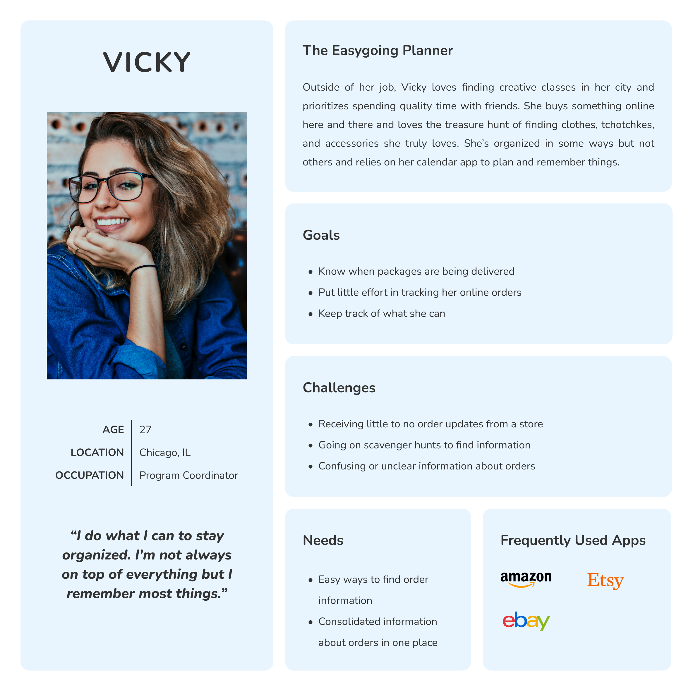 A persona card describing a hypothetical user named Vicky.